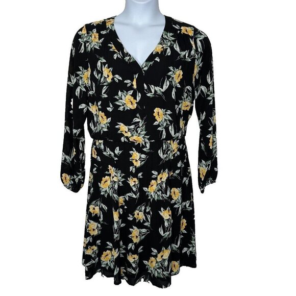 WHBM Floral Dress Size 12 Black Yellow V-Neck Boho - Picture 1 of 11